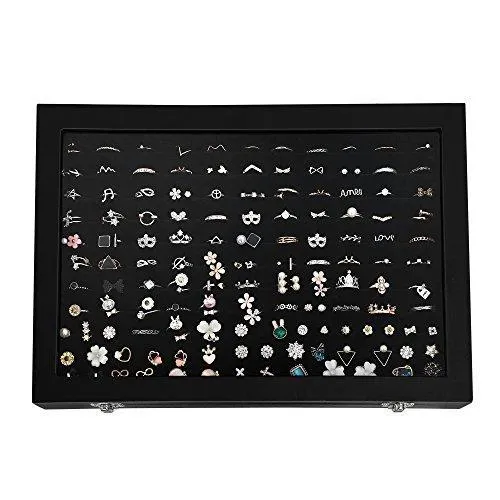 120 Ring Display Case 11 Rows Jewerly Organizer Earring Showcase Box with Glass Lid Black