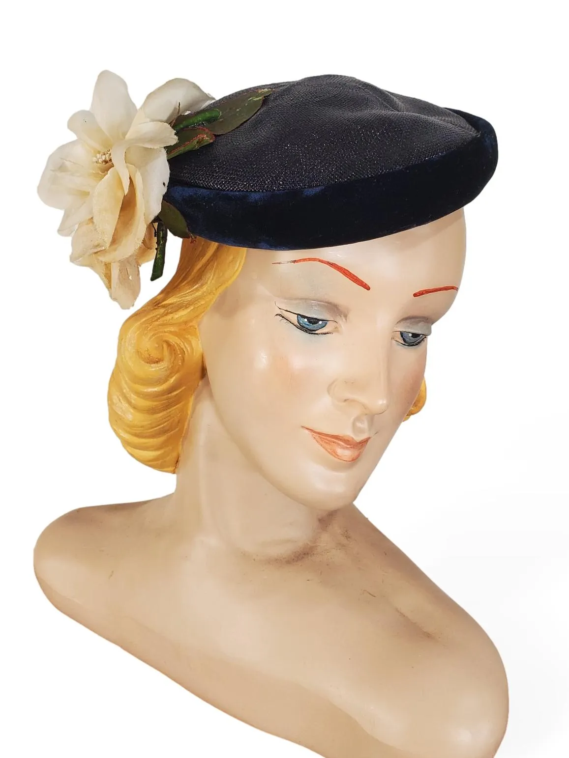 50s Hat in Navy Blue Straw and Velvet