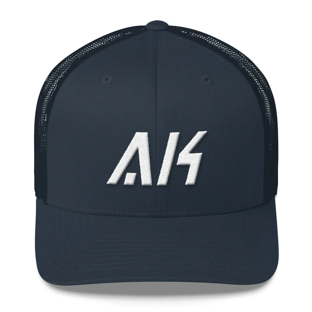 Alaska - Mesh Back Trucker Cap - White Embroidery - AK - Many Hat Color Options Available