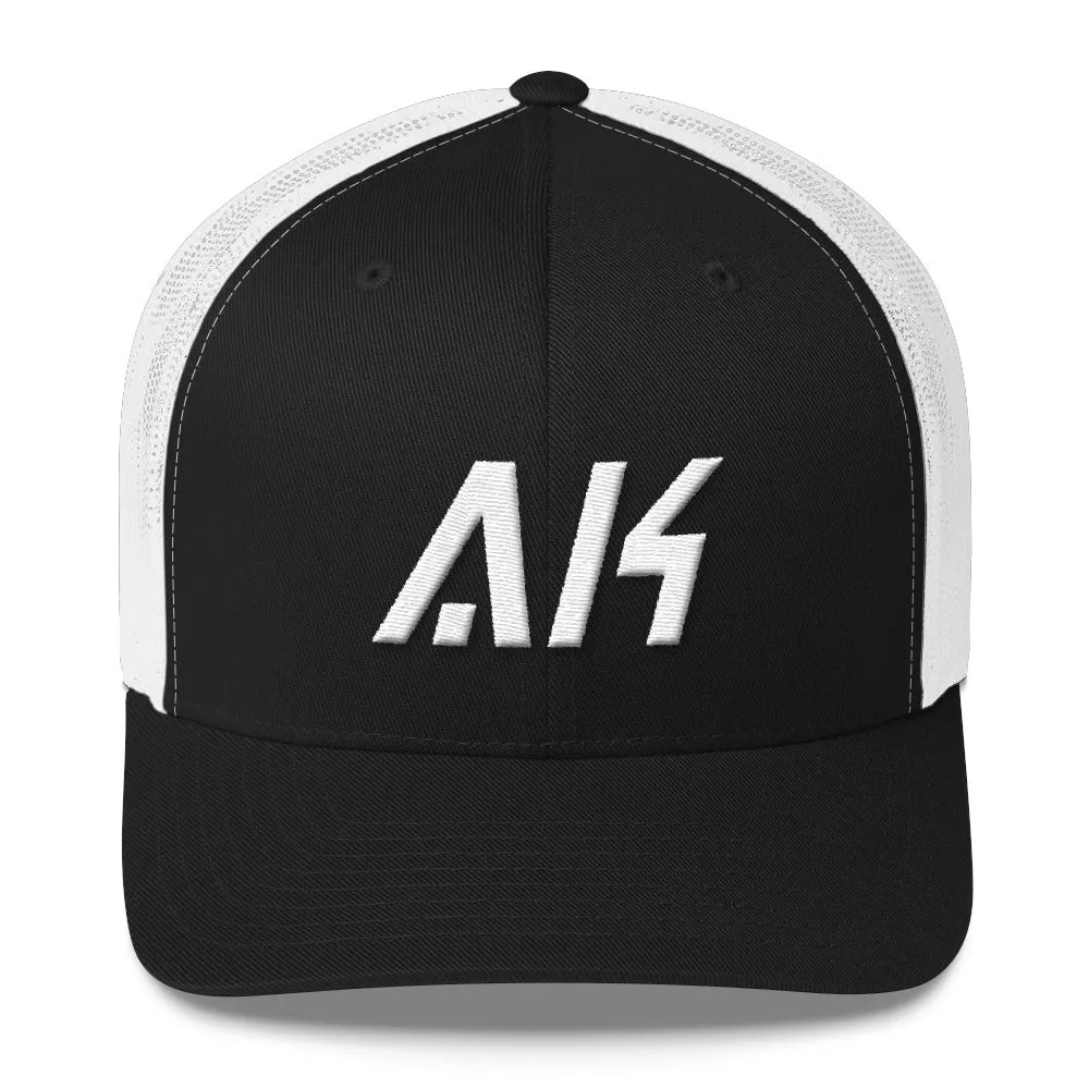 Alaska - Mesh Back Trucker Cap - White Embroidery - AK - Many Hat Color Options Available