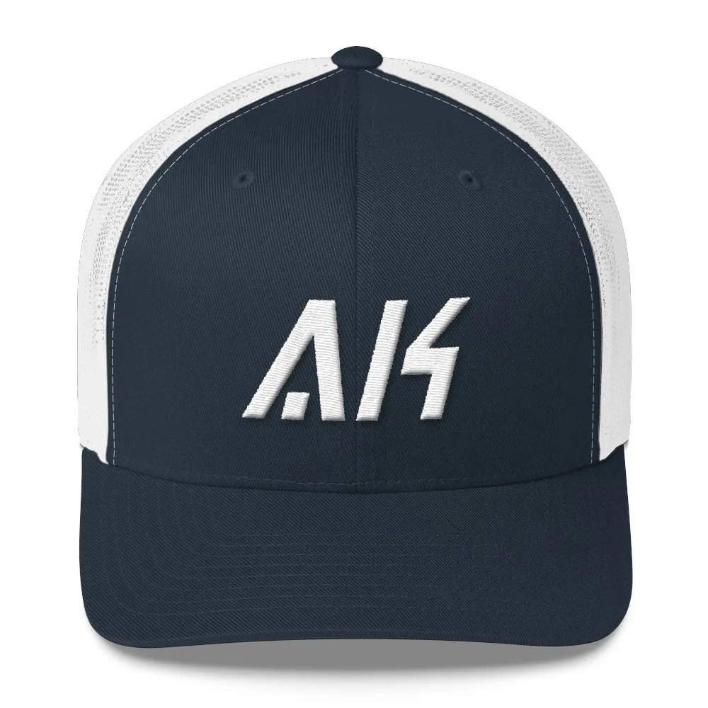 Alaska - Mesh Back Trucker Cap - White Embroidery - AK - Many Hat Color Options Available