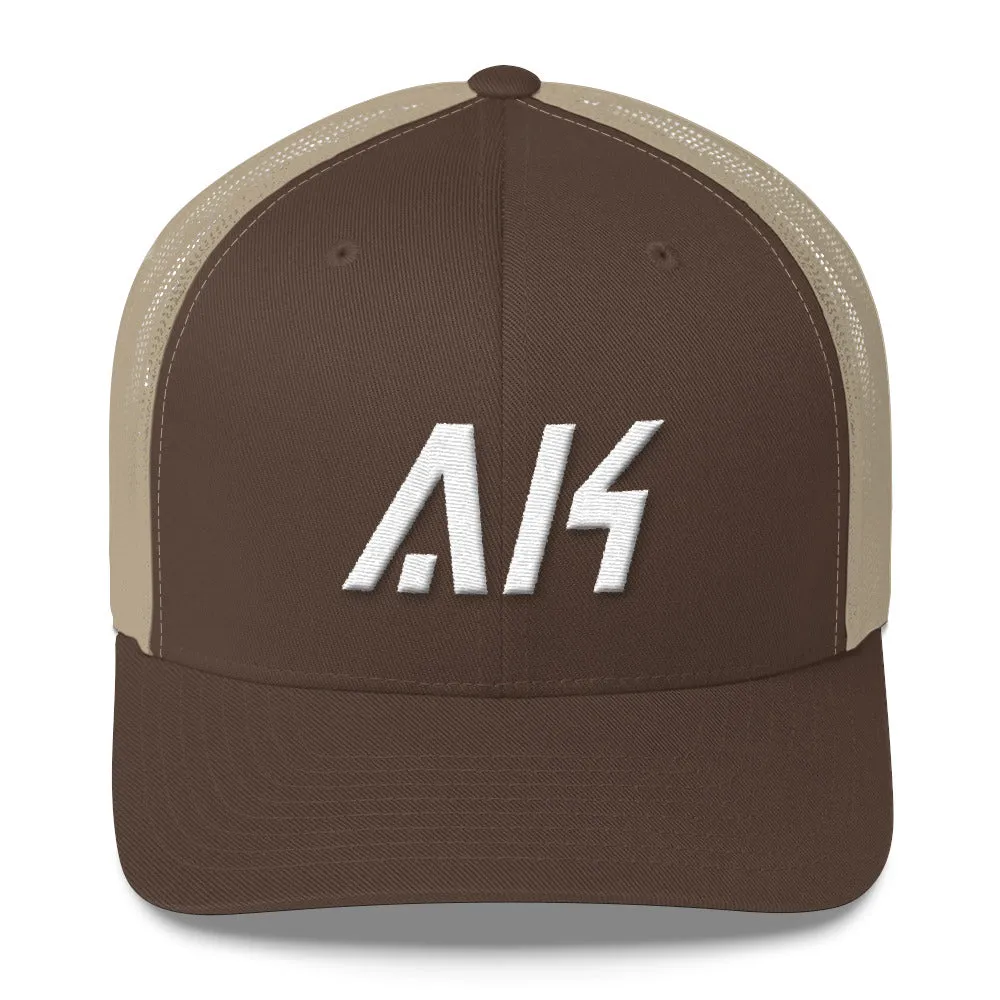 Alaska - Mesh Back Trucker Cap - White Embroidery - AK - Many Hat Color Options Available