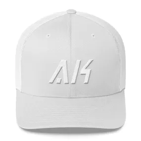 Alaska - Mesh Back Trucker Cap - White Embroidery - AK - Many Hat Color Options Available