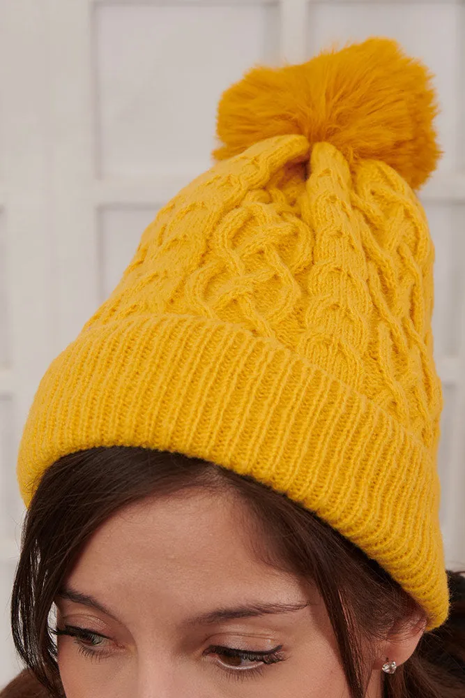 Beanie Cable Knit Pattern PomPom Acrylic Hat