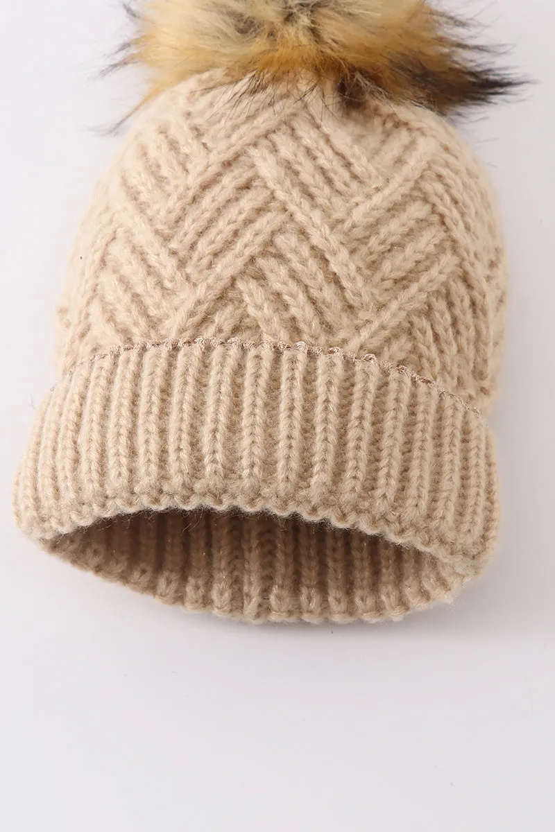 Beige cross cable knit pom pom beanie hat baby toddler adult