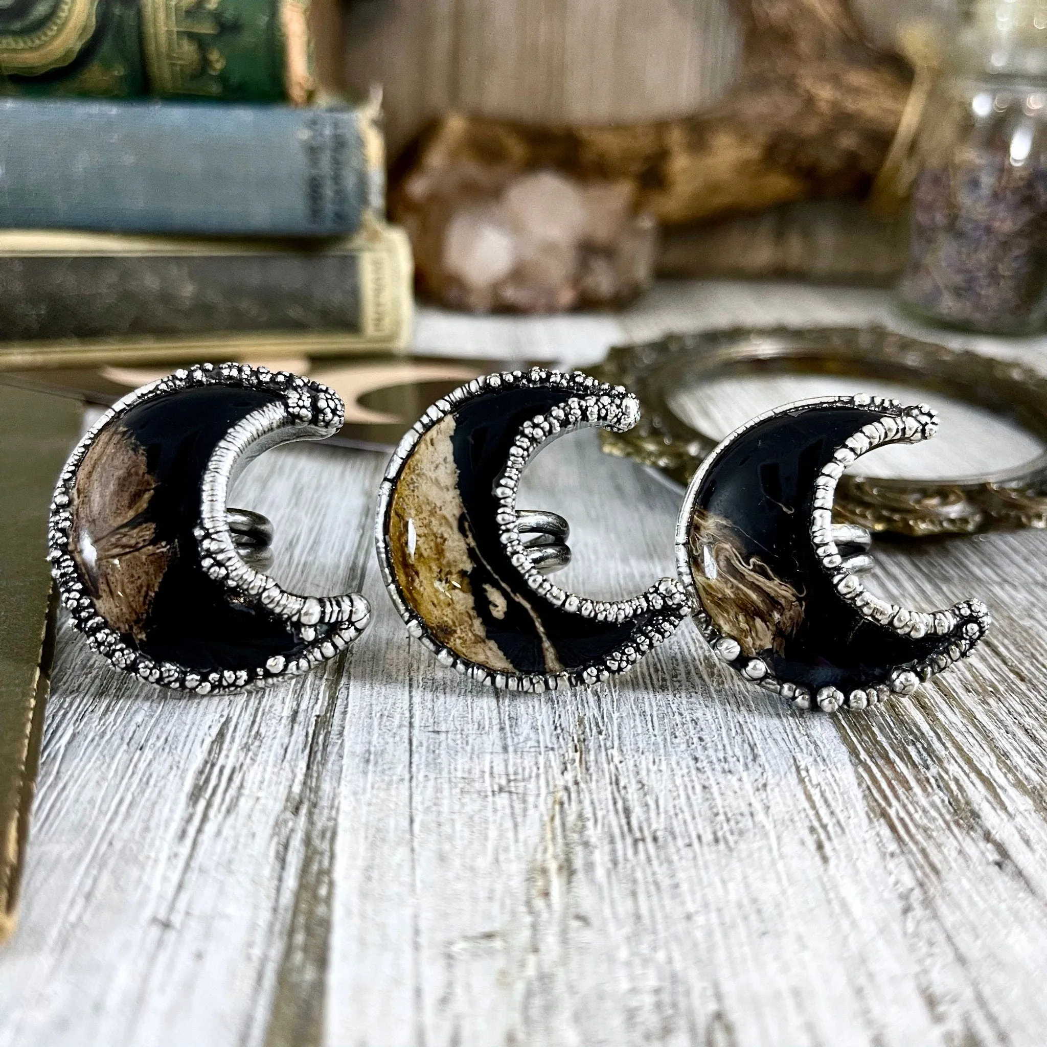 Crescent Moon Fossilized Palm Root Ring in Silver Size 5 6 7 8 9 10 /