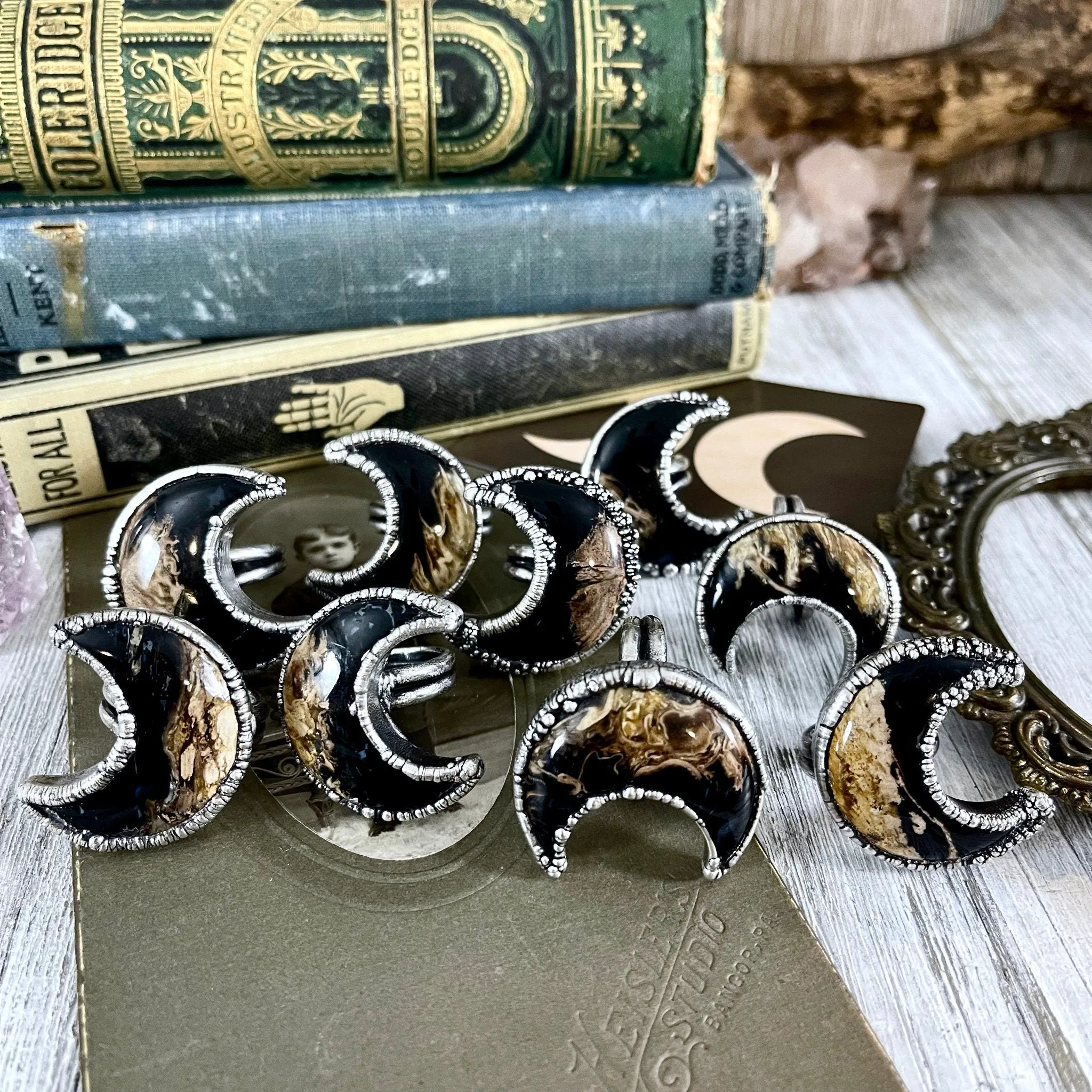 Crescent Moon Fossilized Palm Root Ring in Silver Size 5 6 7 8 9 10 /