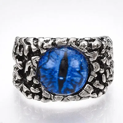 Dragon Eye Alloy Glass Cuff Finger Rings Wide Band Rings Antique Silver Blue S4635095