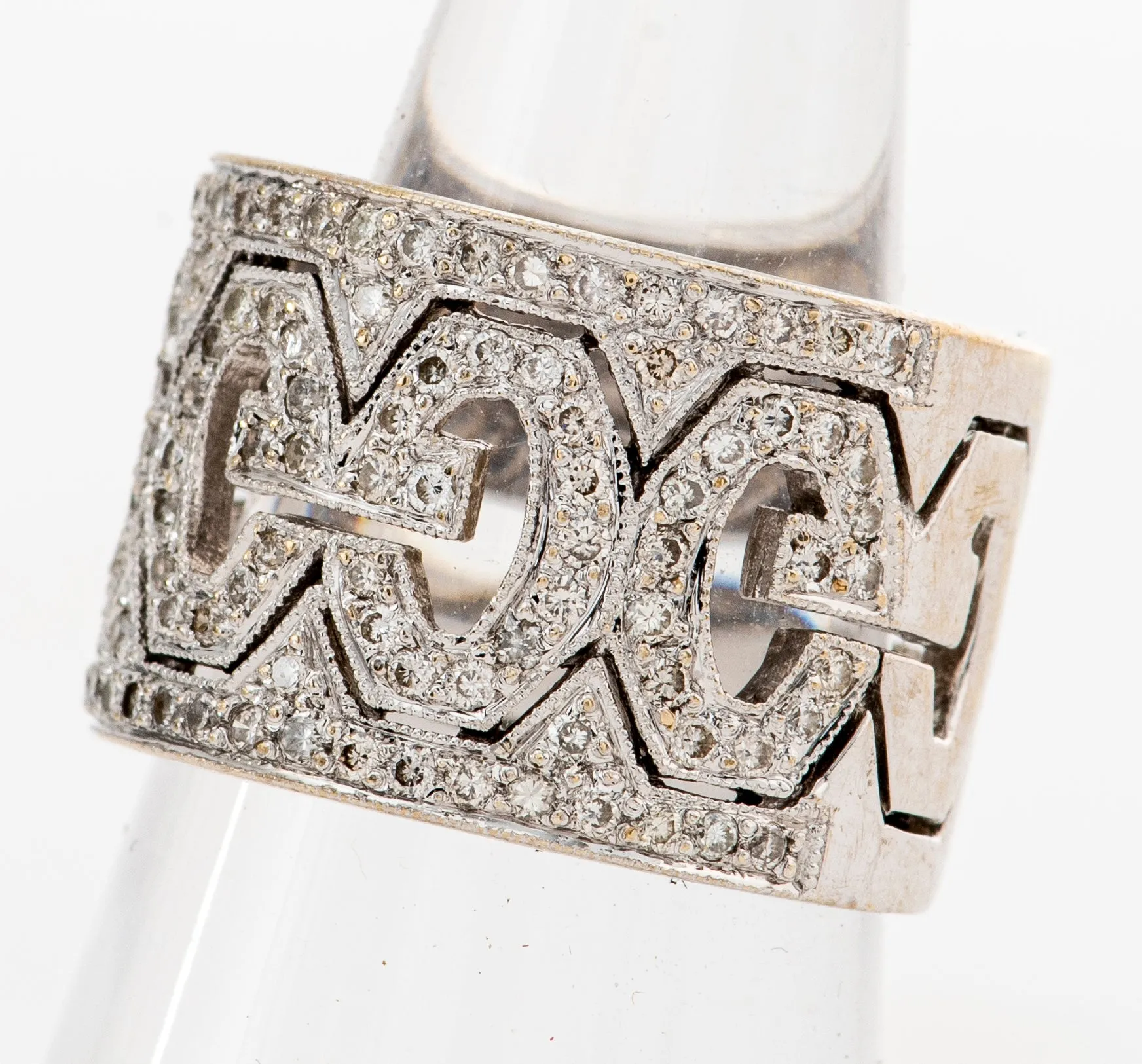 Gucci Style 18K Gold Wide Diamond Filigree Ring