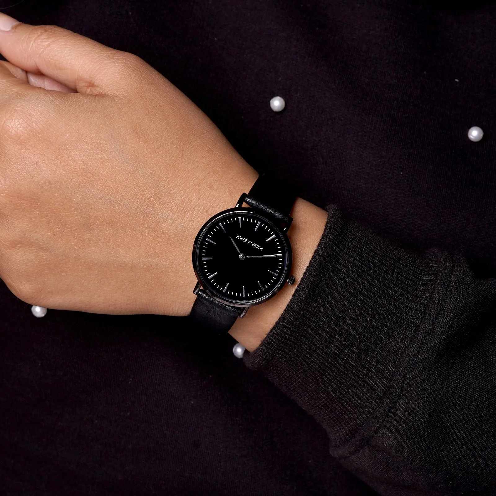 Ines All Black Faux Leather Strap Watch