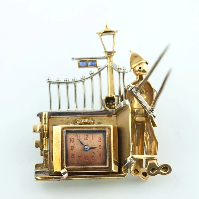 Lapel Brooch with Watch and British Bobby Motif