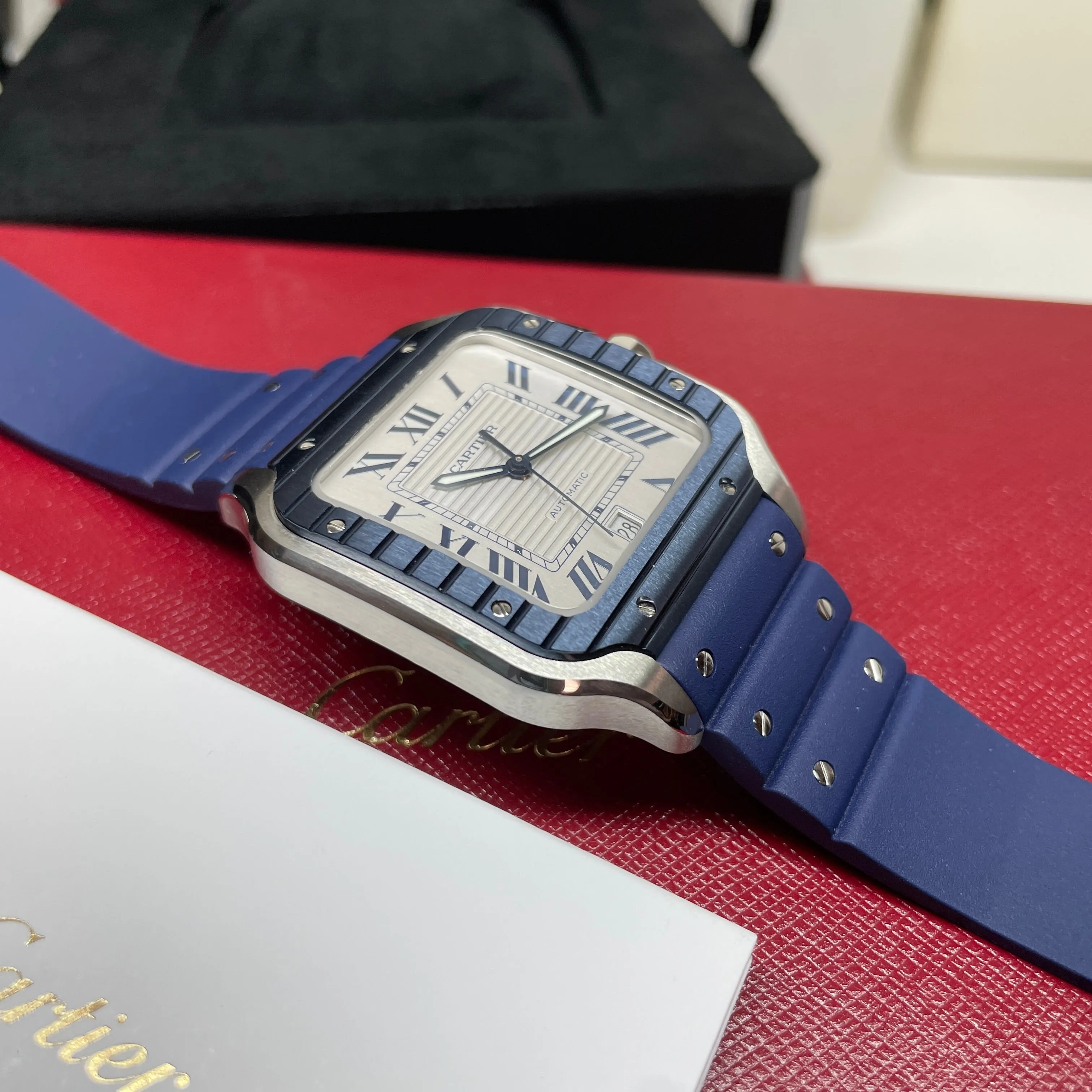 Pre-Owned Cartier Santos Large Grey Dial Blue Bezel Watch WSSA0047 39.8mm