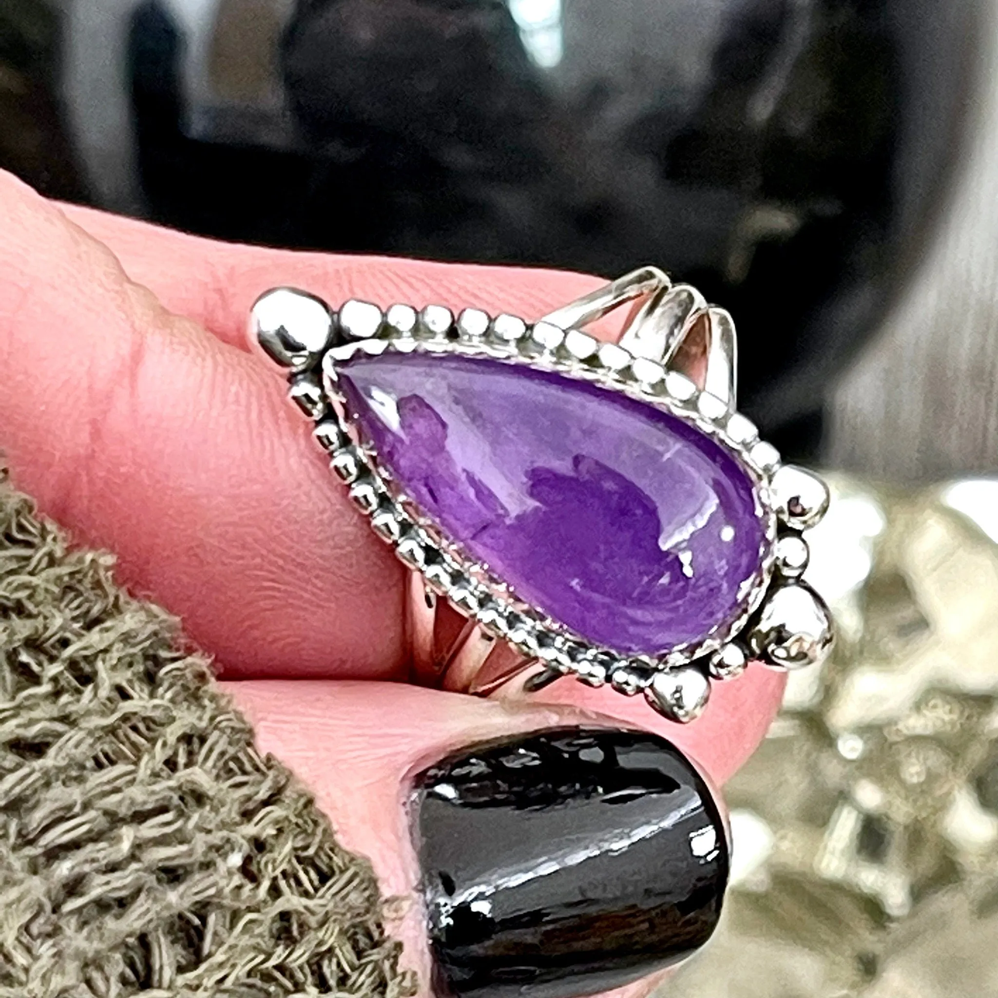 Purple Amethyst Teardrop Crystal Ring in Solid Sterling Silver- Designed by FOXLARK Collection Size 6 7 8 9 10 | Boho Purple Stone Ring