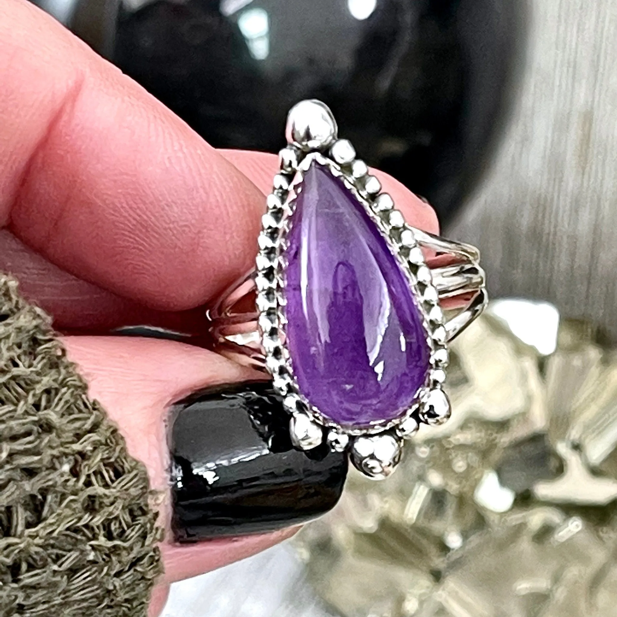 Purple Amethyst Teardrop Crystal Ring in Solid Sterling Silver- Designed by FOXLARK Collection Size 6 7 8 9 10 | Boho Purple Stone Ring