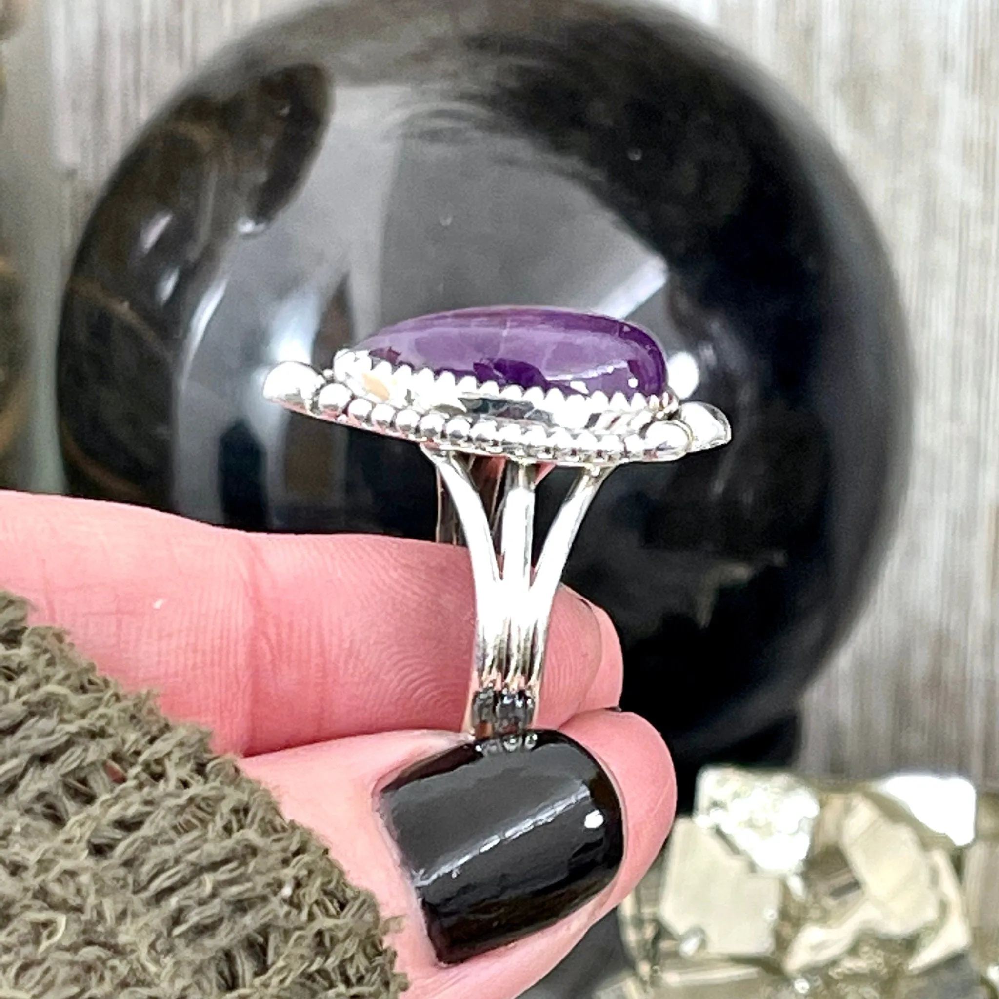 Purple Amethyst Teardrop Crystal Ring in Solid Sterling Silver- Designed by FOXLARK Collection Size 6 7 8 9 10 | Boho Purple Stone Ring