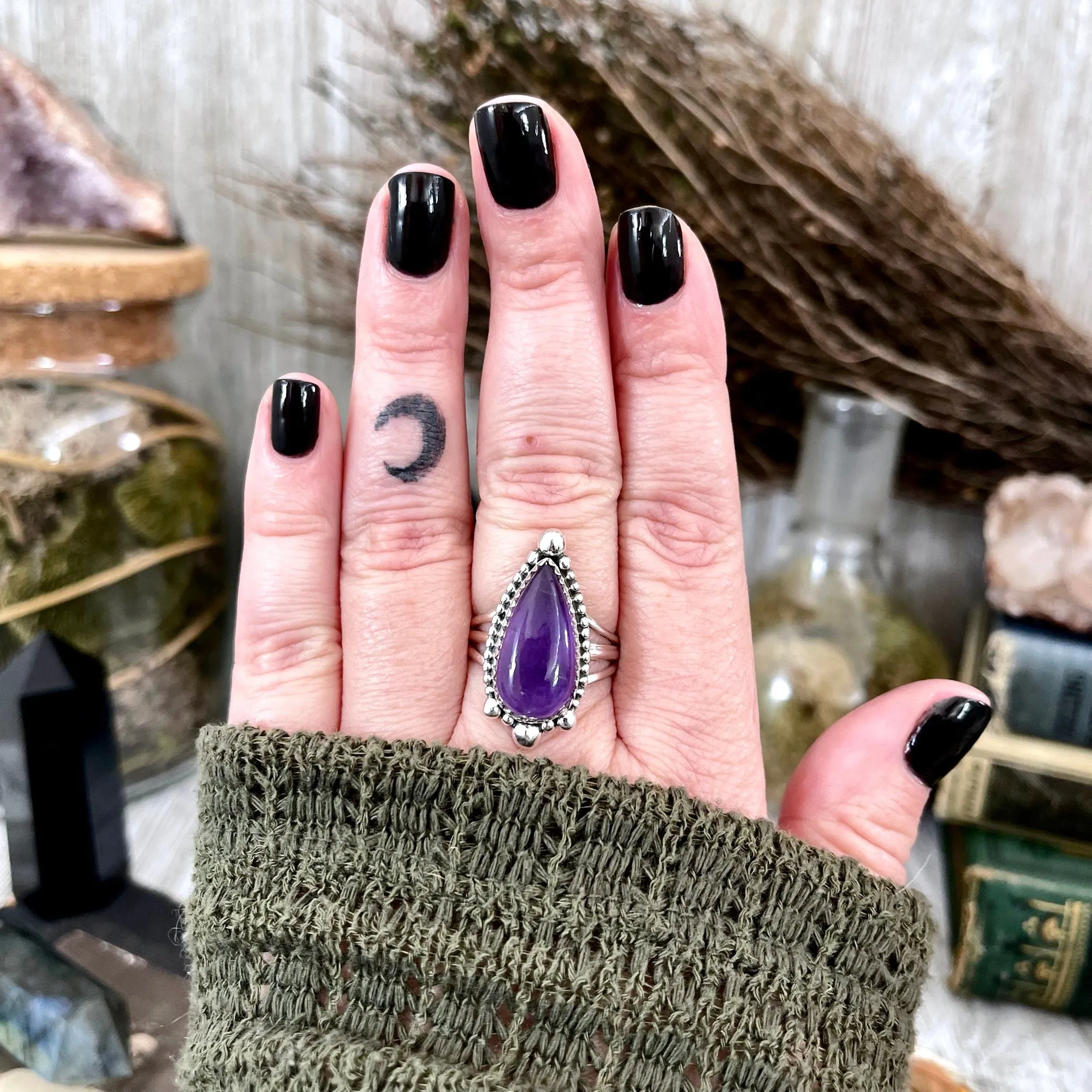 Purple Amethyst Teardrop Crystal Ring in Solid Sterling Silver- Designed by FOXLARK Collection Size 6 7 8 9 10 | Boho Purple Stone Ring