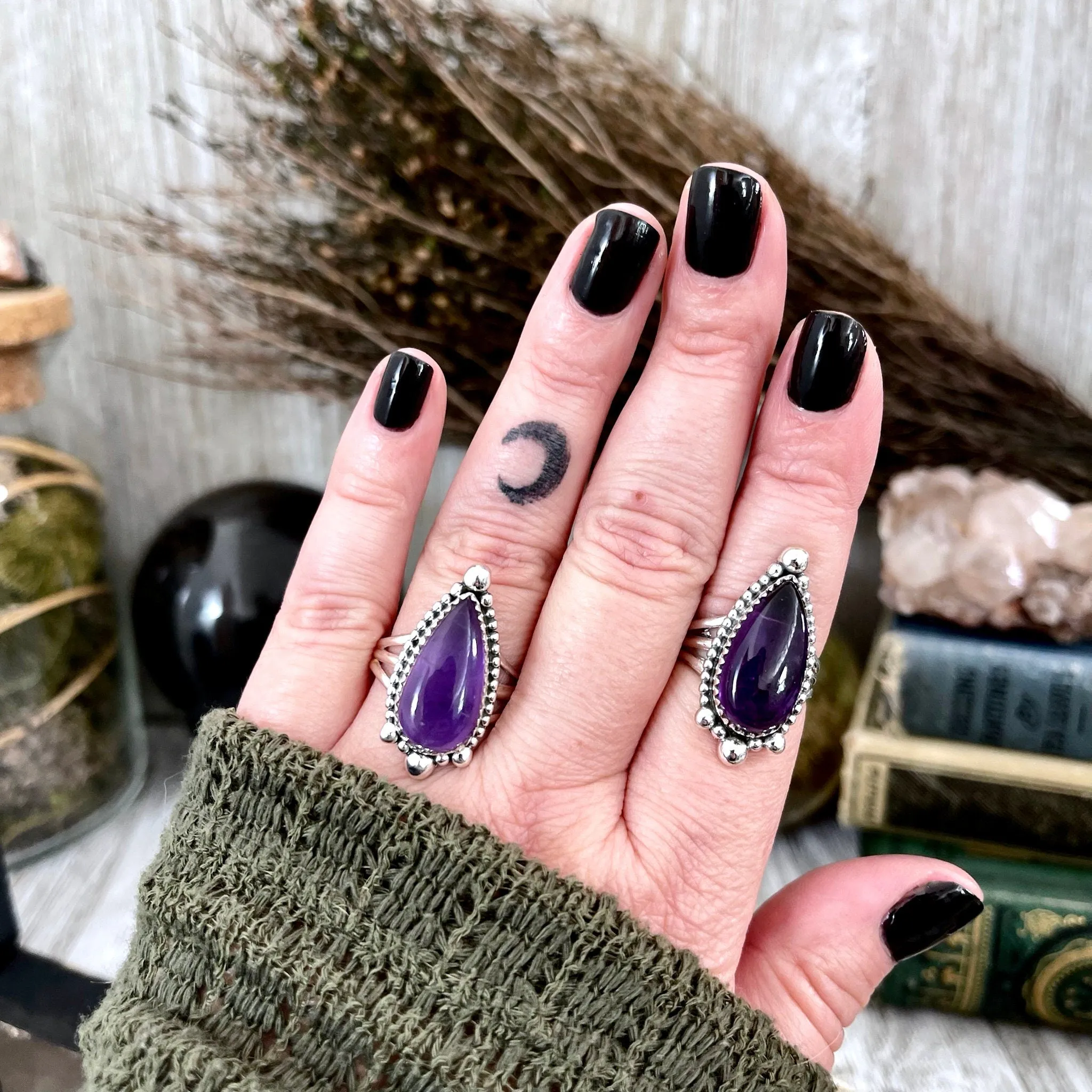 Purple Amethyst Teardrop Crystal Ring in Solid Sterling Silver- Designed by FOXLARK Collection Size 6 7 8 9 10 | Boho Purple Stone Ring