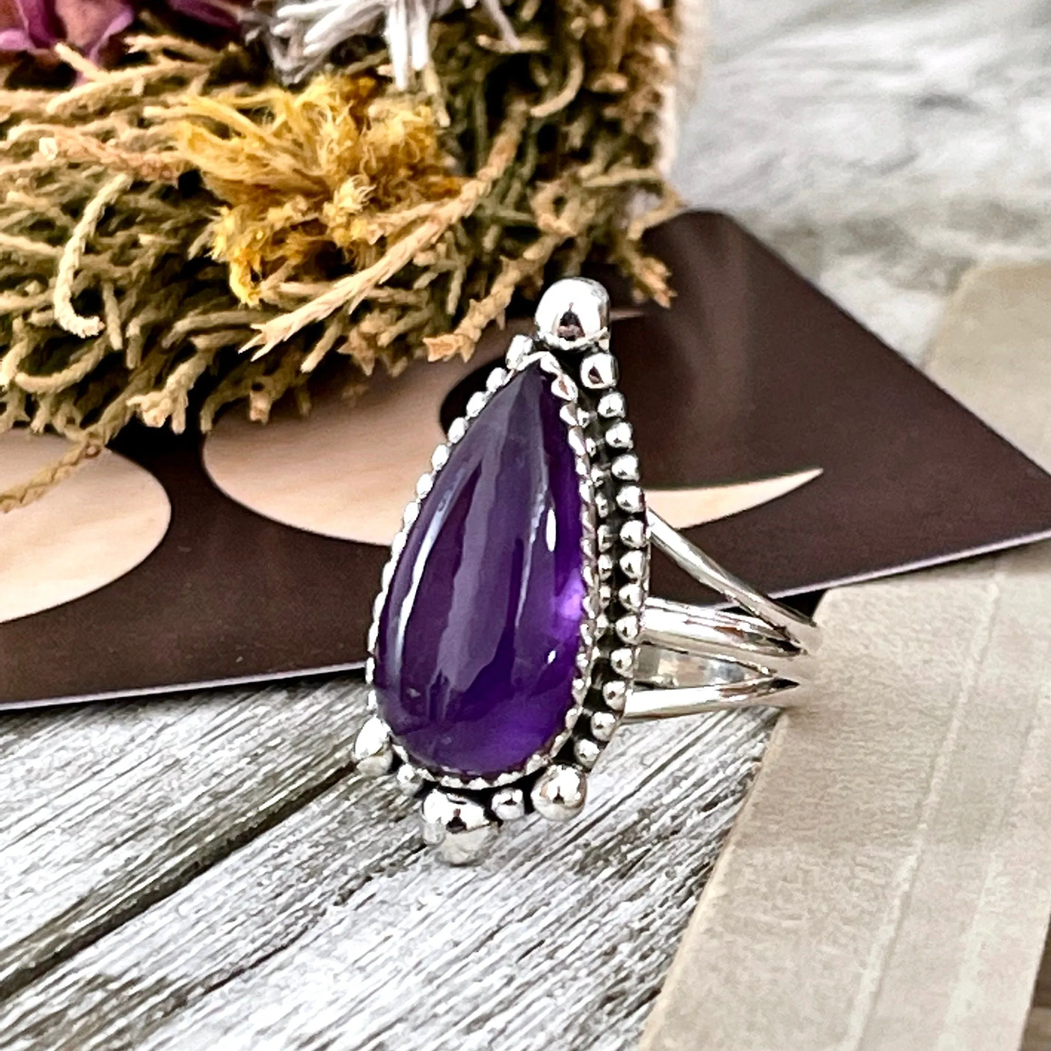 Purple Amethyst Teardrop Crystal Ring in Solid Sterling Silver- Designed by FOXLARK Collection Size 6 7 8 9 10 | Boho Purple Stone Ring