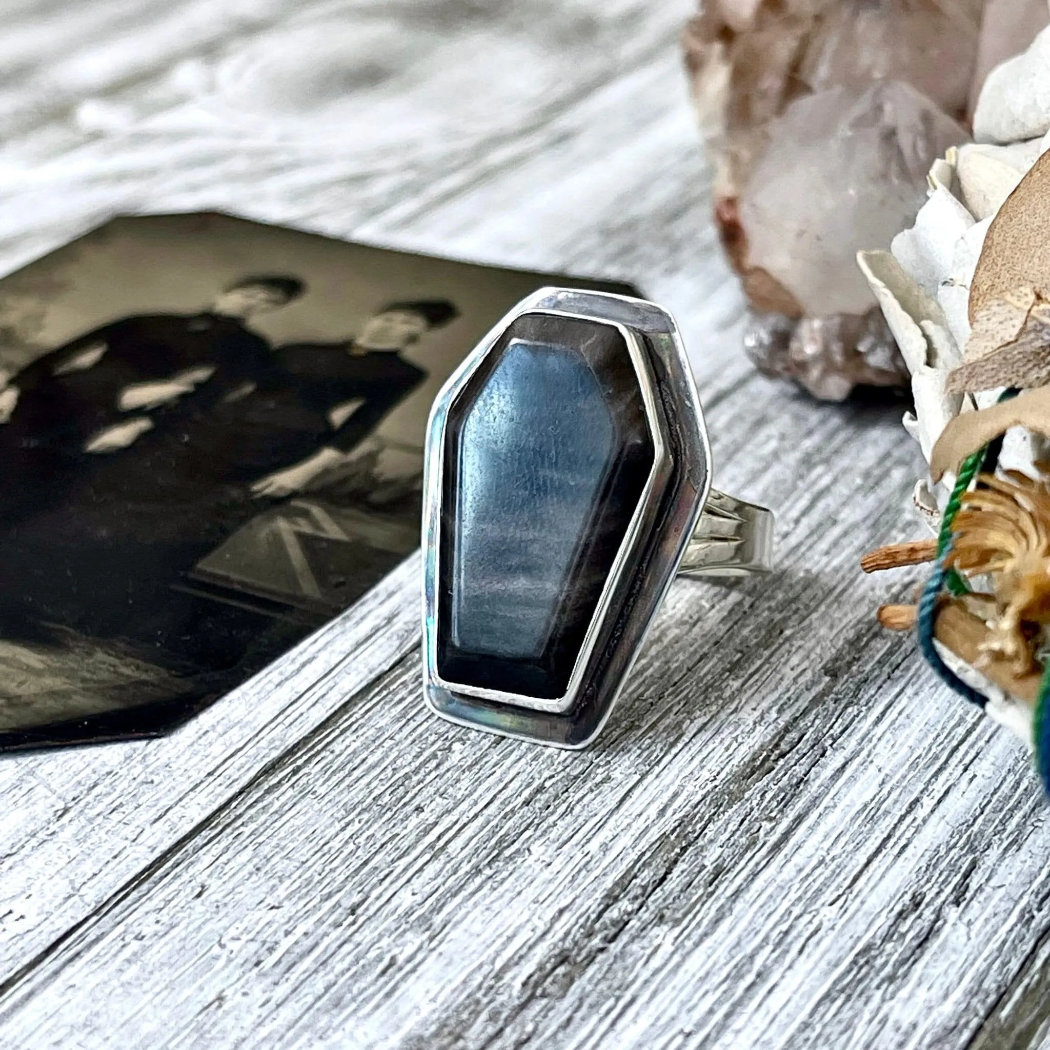 Silver Sheen Obsidian Coffin Ring in Solid Sterling Silver- Designed by FOXLARK Collection Size 6 7 8 9 10 / Big Crystal Ring Witchy Jewelry