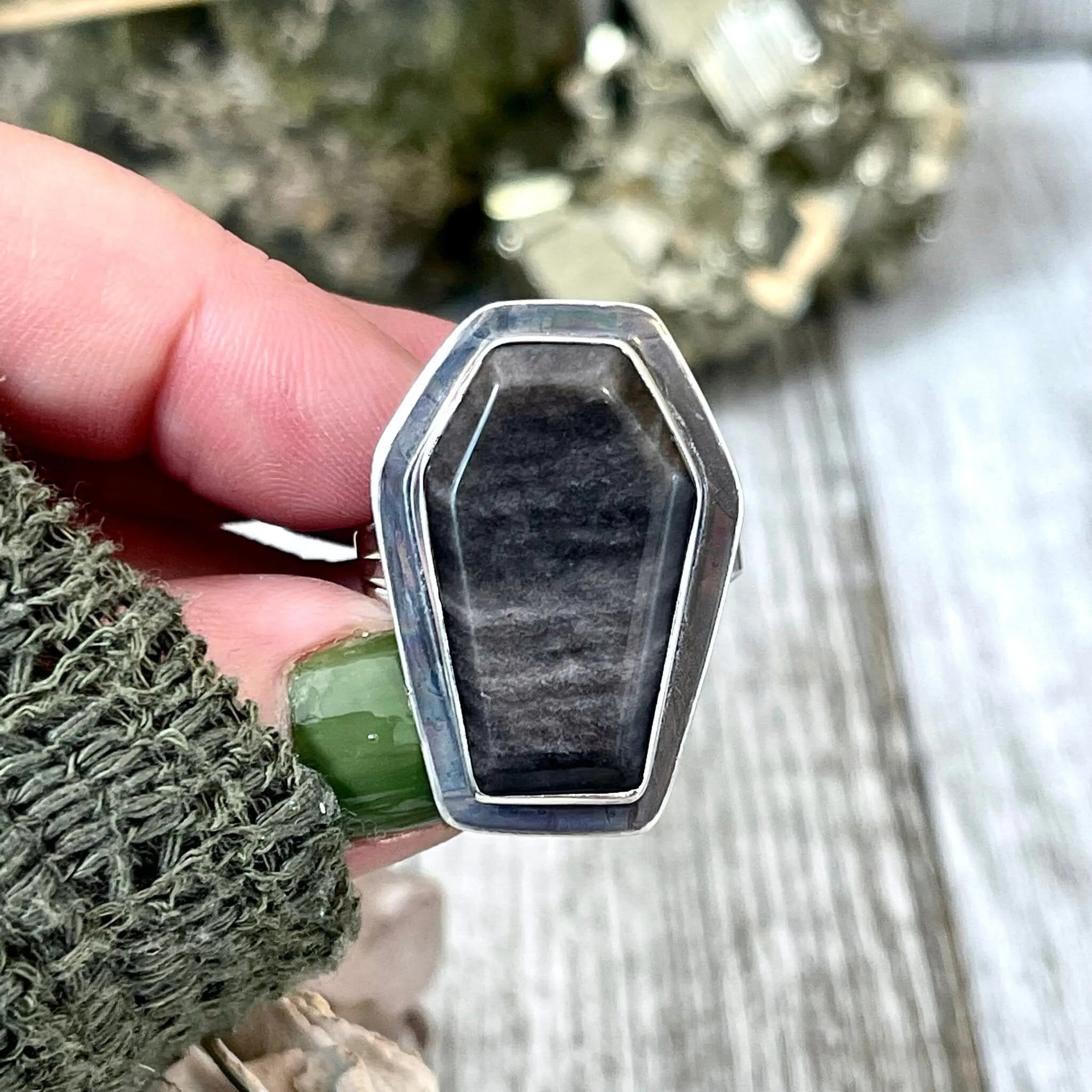 Silver Sheen Obsidian Coffin Ring in Solid Sterling Silver- Designed by FOXLARK Collection Size 6 7 8 9 10 / Big Crystal Ring Witchy Jewelry