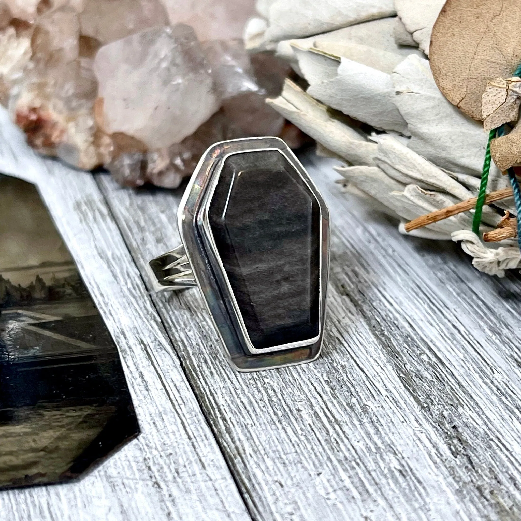 Silver Sheen Obsidian Coffin Ring in Solid Sterling Silver- Designed by FOXLARK Collection Size 6 7 8 9 10 / Big Crystal Ring Witchy Jewelry