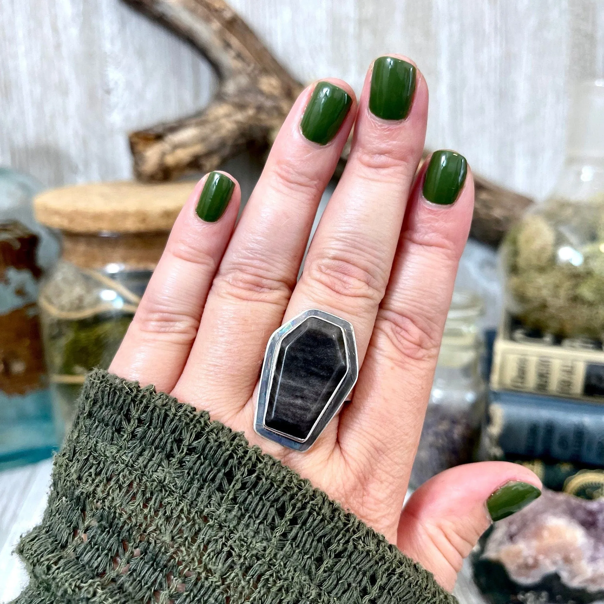 Silver Sheen Obsidian Coffin Ring in Solid Sterling Silver- Designed by FOXLARK Collection Size 6 7 8 9 10 / Big Crystal Ring Witchy Jewelry