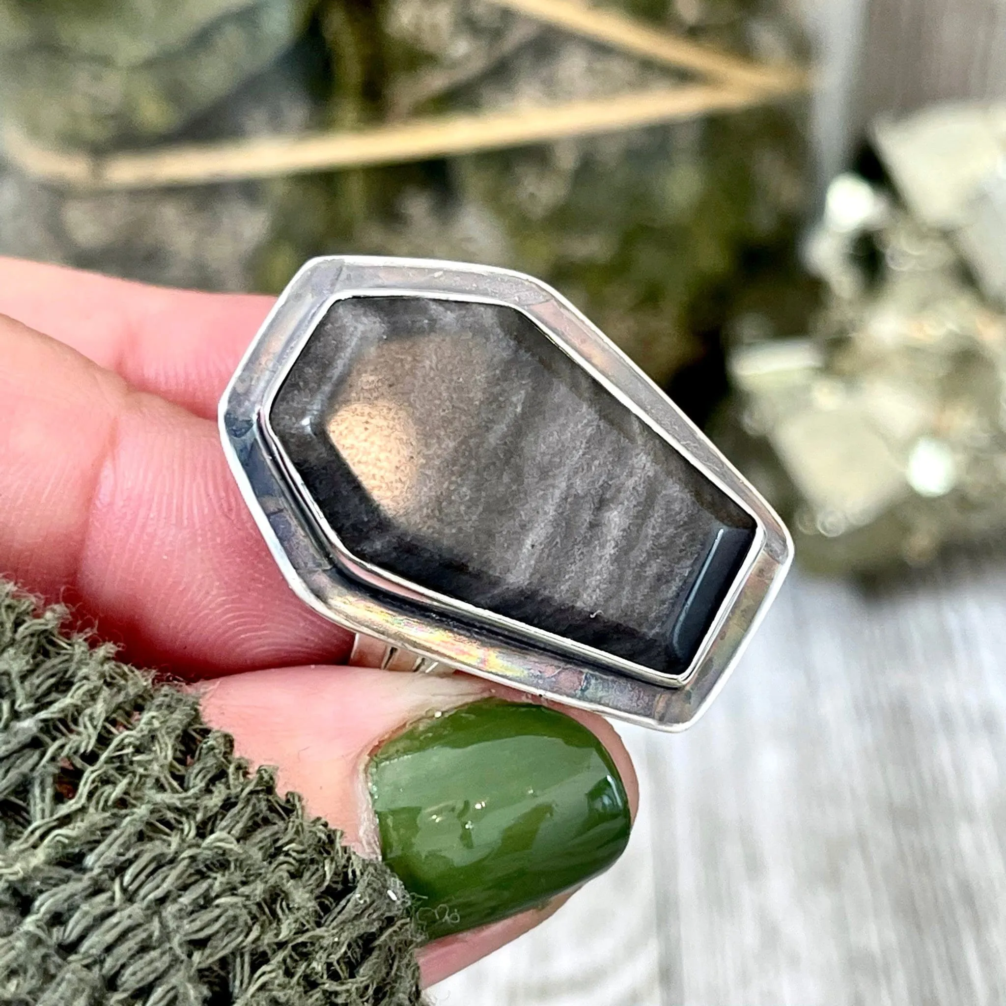 Silver Sheen Obsidian Coffin Ring in Solid Sterling Silver- Designed by FOXLARK Collection Size 6 7 8 9 10 / Big Crystal Ring Witchy Jewelry