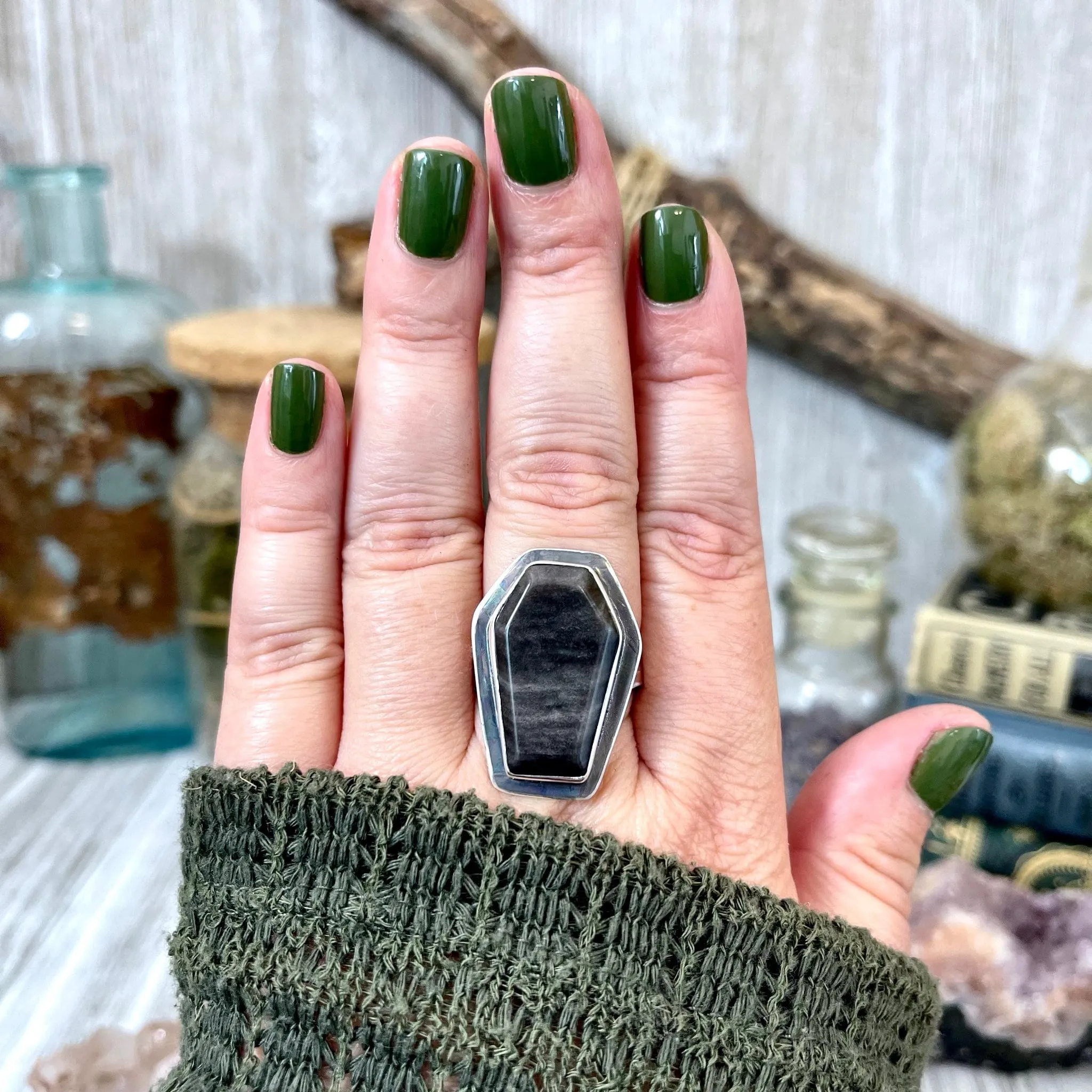 Silver Sheen Obsidian Coffin Ring in Solid Sterling Silver- Designed by FOXLARK Collection Size 6 7 8 9 10 / Big Crystal Ring Witchy Jewelry