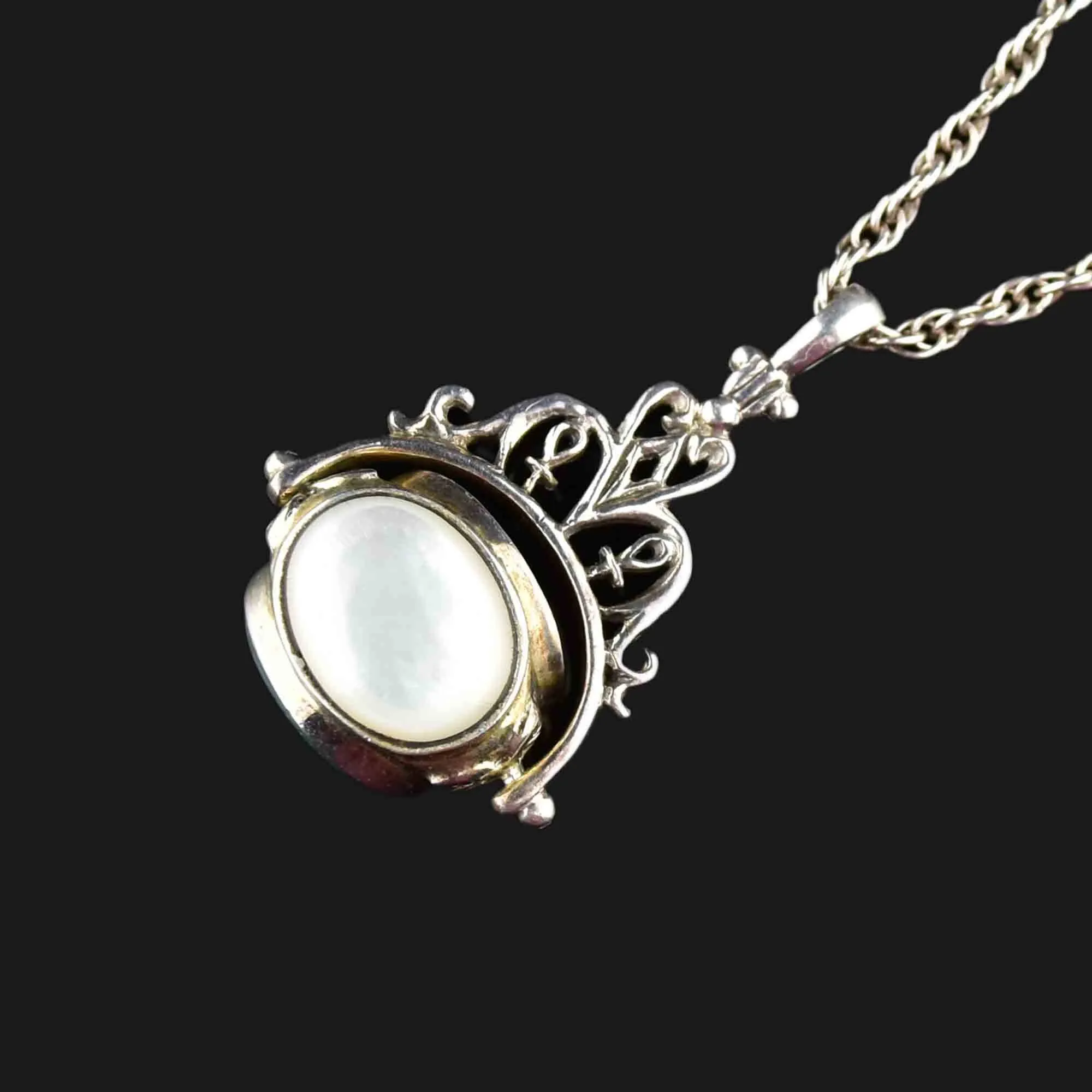 Silver Spinner Carnelian Agate Mother of Pearl Watch Fob Pendant