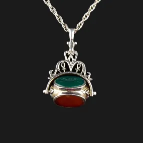 Silver Spinner Carnelian Agate Mother of Pearl Watch Fob Pendant