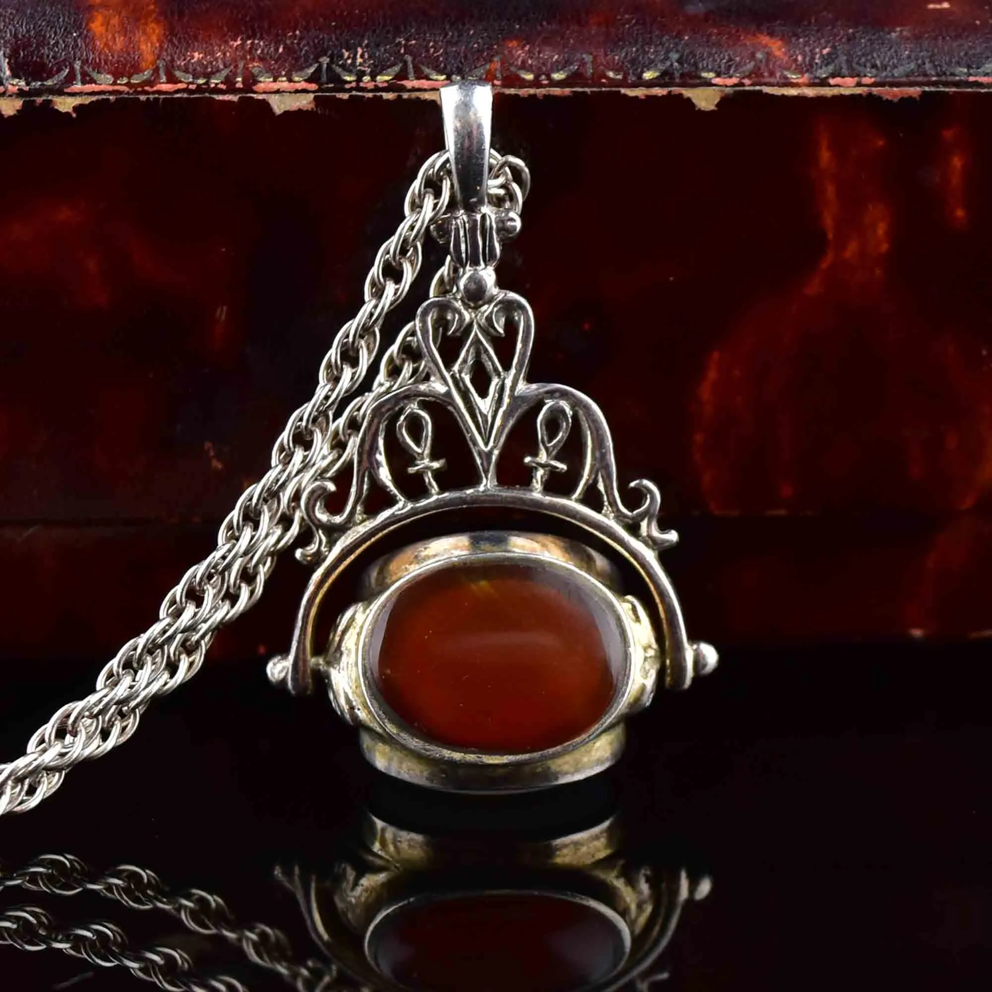 Silver Spinner Carnelian Agate Mother of Pearl Watch Fob Pendant