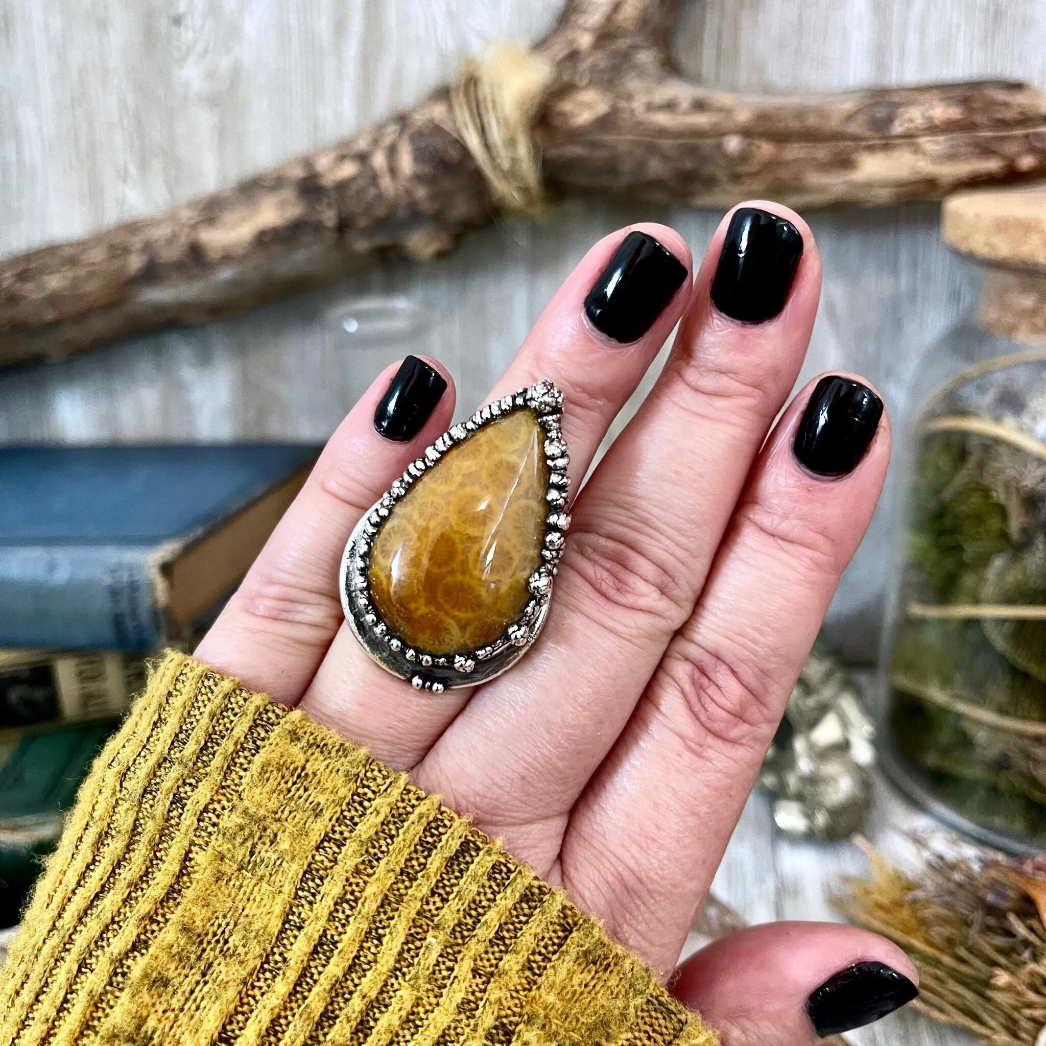 Size 7 Fossilized Coral Silver Statement Ring in Fine Silver / Foxlark Collection - One of a Kind