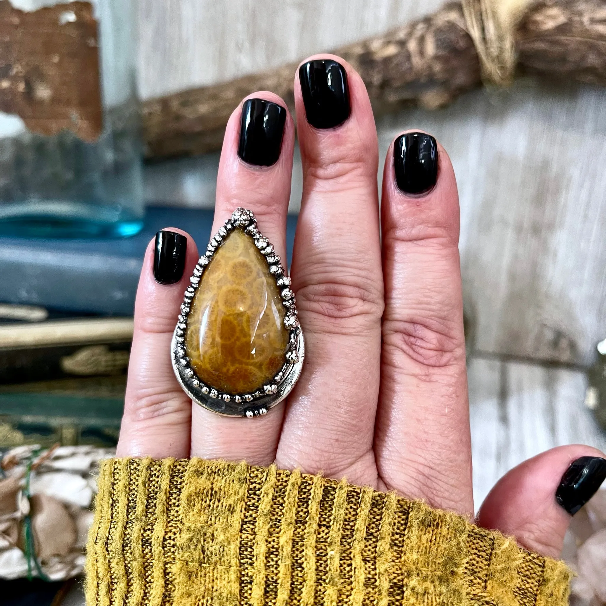 Size 7 Fossilized Coral Silver Statement Ring in Fine Silver / Foxlark Collection - One of a Kind