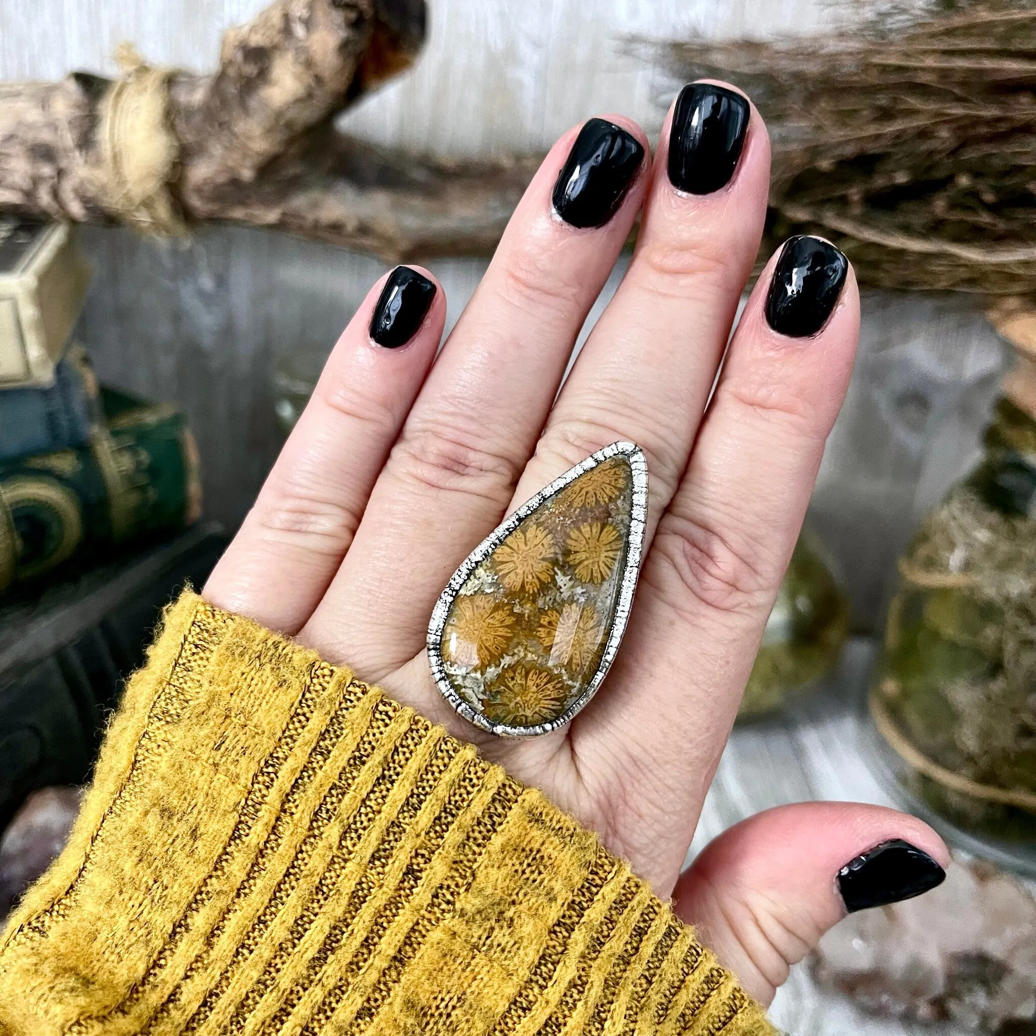 Size 8.5 Big Fossilized Coral Silver Statement Ring in Fine Silver / Foxlark Collection - One of a Kind