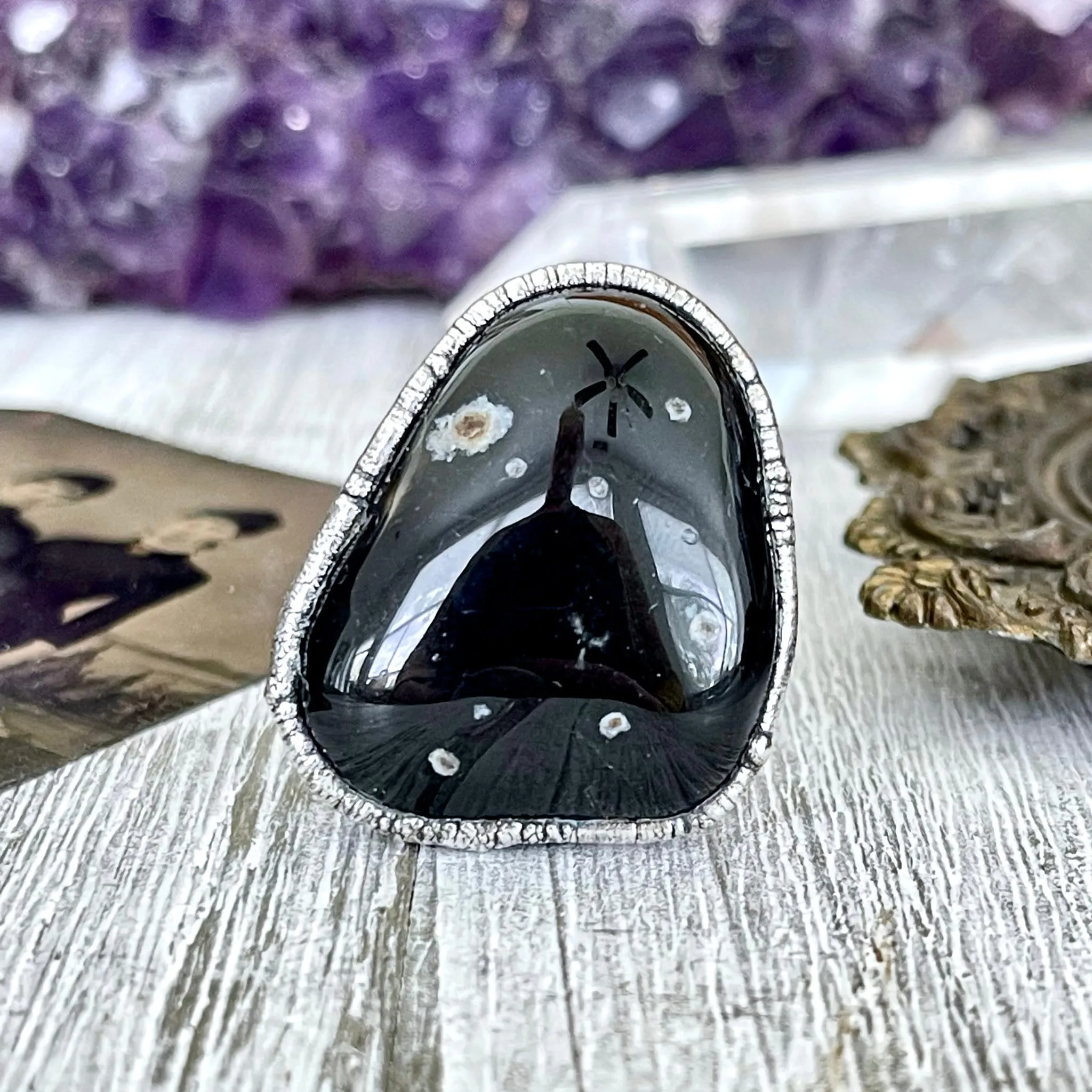 Size 9 Natural Black Tumbled Stone Agate Ring in Fine Silver/ Foxlark Collection - One of a Kind