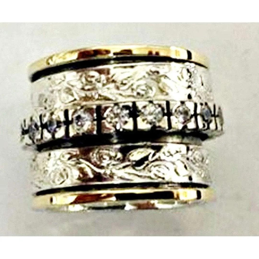 Spinner Ring, Filigree silver 9 carat gold ring , Bluenoemi CZ band