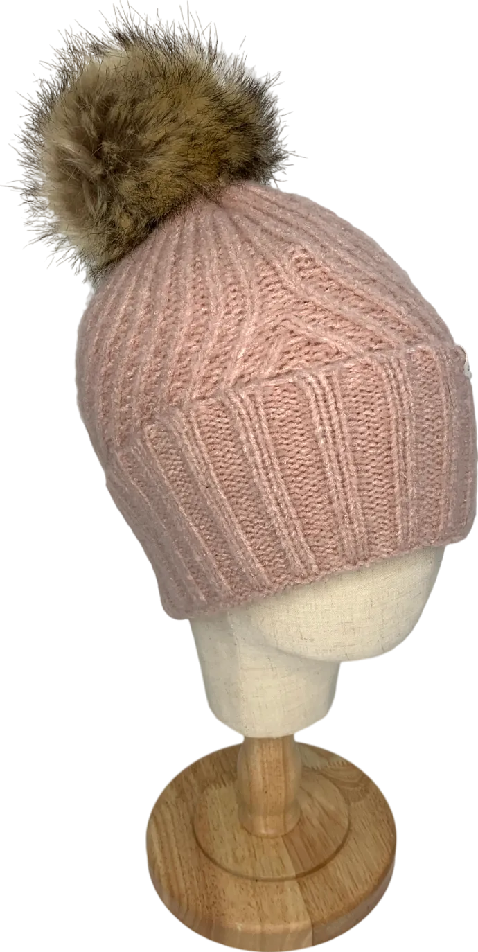 Treasure & Bond Pink Knitted Beanie Hat With Faux Fur Bobble One Size