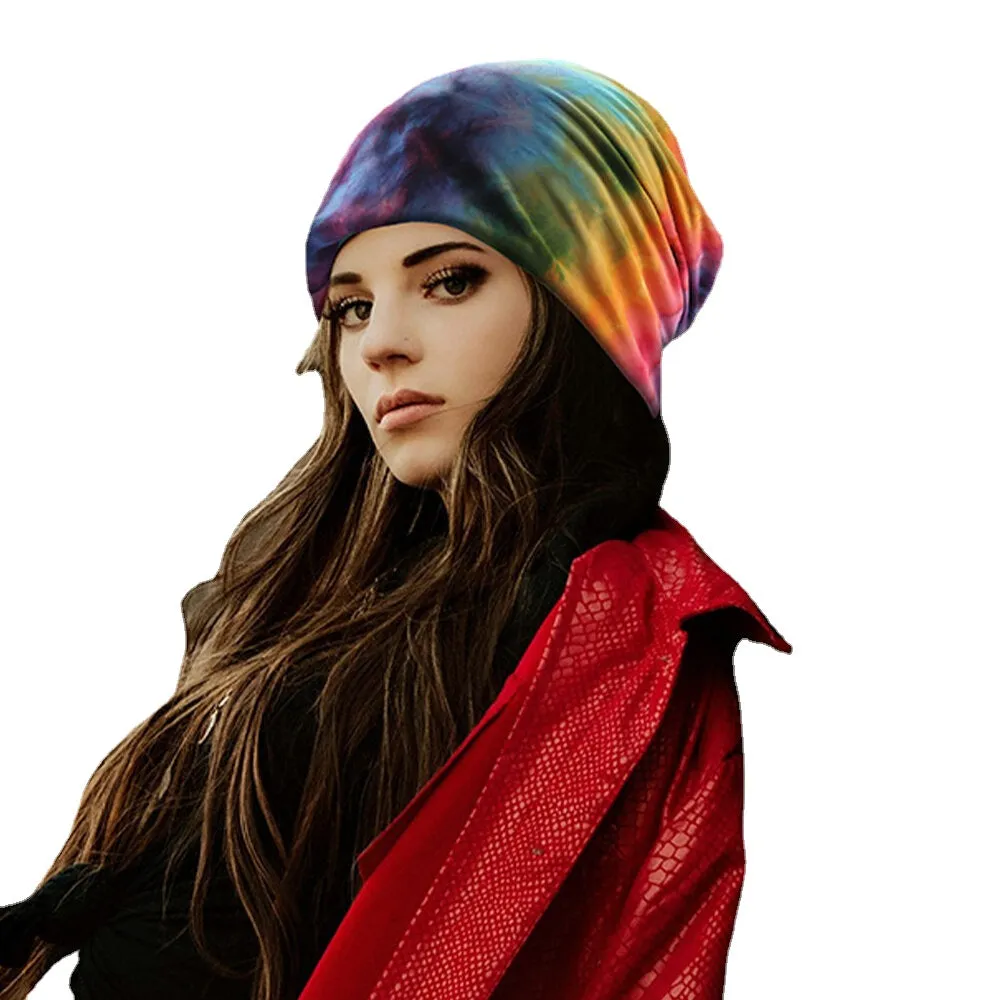 Women Cotton Dual-Use Tie-Dye Neck Protection Scarf Bib Hat Brimless Beanie