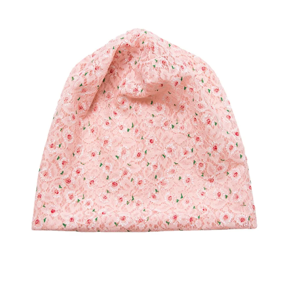 Women Lace Floral Pattern Printed Hollow Breathable Sun Protection Beanie Hat Baotou Hat