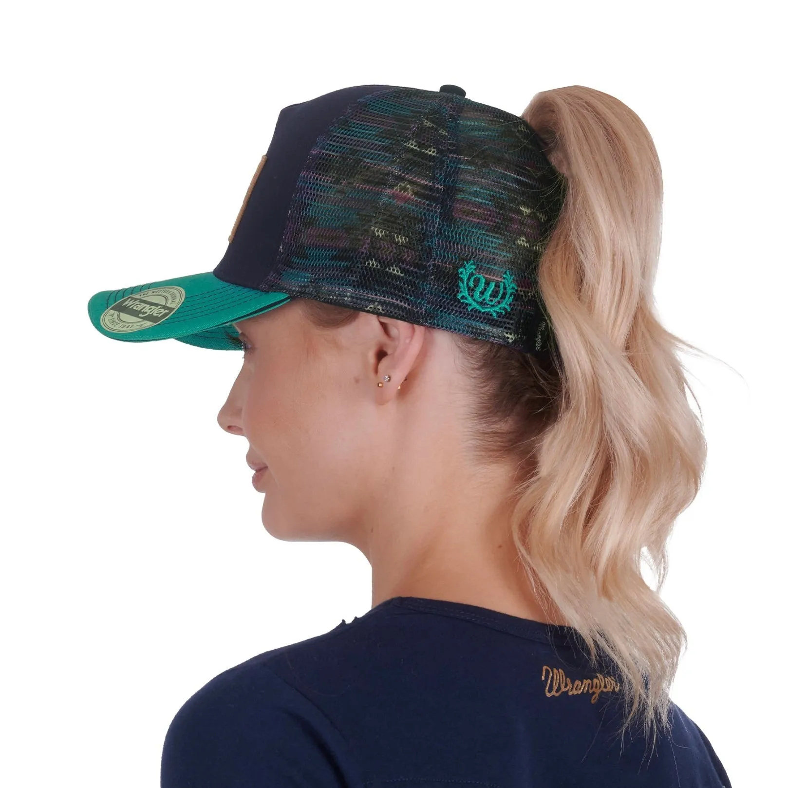 Wrangler Pheobe Ponytail Trucker Cap | Navy/Pink